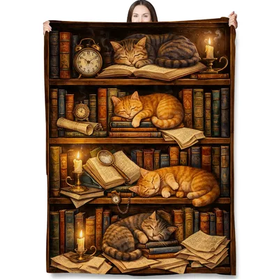 Sleeping Cats Blanket: A Library of Feline Readers Napping on Shelves