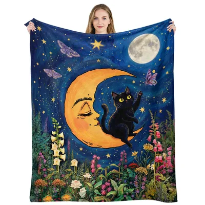 Cat on Moon Blanket for Cat Lovers and Night Dreamers