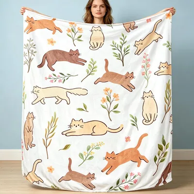 Playful Cats and Floral Blanket: A Whimsical Feline Design
