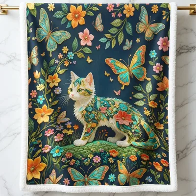 Cat Among Butterflies Blanket: Floral Feline Art Design