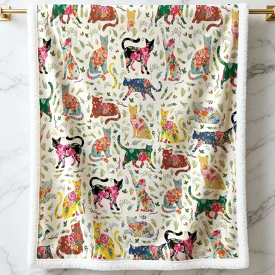 Vintage Patchwork Kittens Blanket: Floral Cat Silhouette Throw