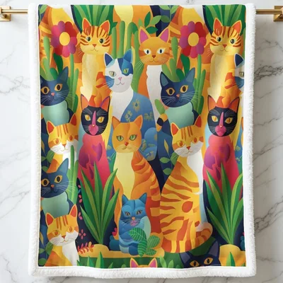 Colorful Cats in Floral Blanket: A Vibrant Feline Garden Design