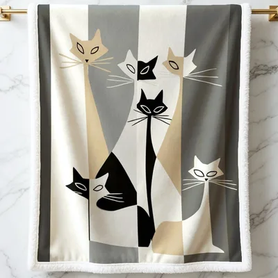 Cartoon Cats Mid Century Blanket: Retro Feline Art Design