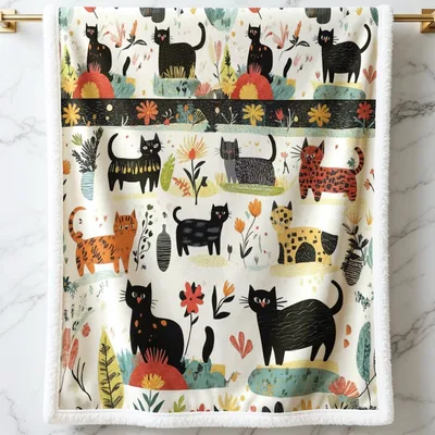 Cats in Cottage Floral Blanket: Whimsical Garden Cats Design
