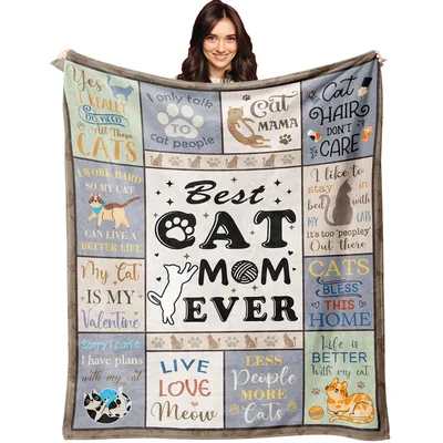 Best Cat Mom Ever Blanket featuring a patchwork of funny cat quotes