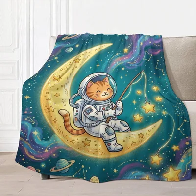 Astronaut Cat on Moon Blanket: Space Cat Fishing Design