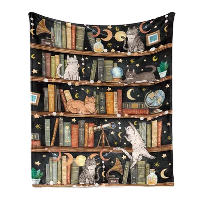 Library Cats Bookshelf Pattern Blanket for Book Lovers and Feline Fans