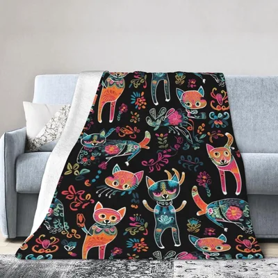 Sugar Skull Cats Pattern Blanket: Colorful Feline Day of the Dead Art