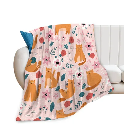 Cute Kittens Floral Pattern Blanket: Orange Cats and Flowers