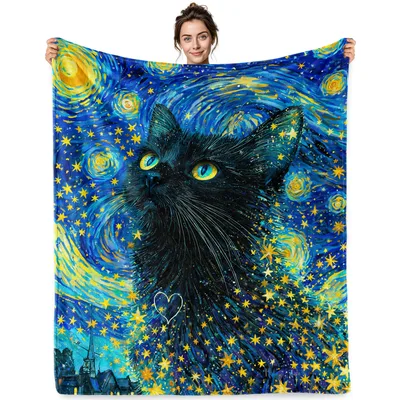 Starry Night Black Cat Blanket: Van Gogh Style Feline Art