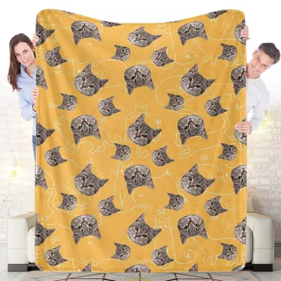 Cat Faces Collage Pattern Blanket: Grey Feline Photo Print on Mustard