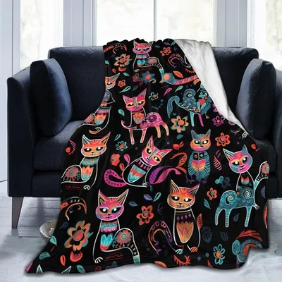 Colorful Cats Floral Pattern Blanket: Gothic Feline Art Design