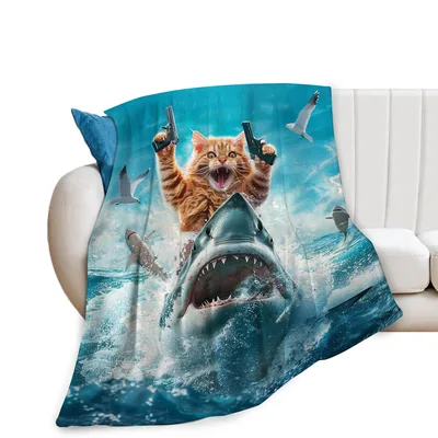 Cat Riding Shark Funny Blanket: Action-Packed Cat Art