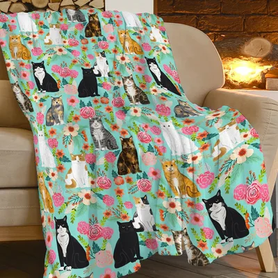 Cats and Flowers Teal Blanket: A Floral Feline Pattern for Your Home