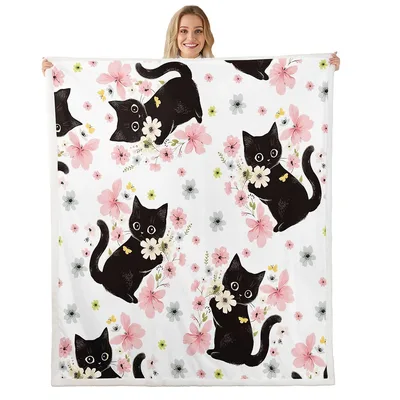 Black Kittens and Pink Blanket Featuring Playful Cats and Flowers