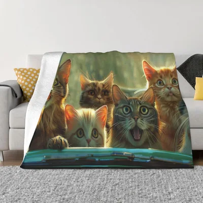 Three Cats Painted Portrait Blanket: Feline Adventure Design