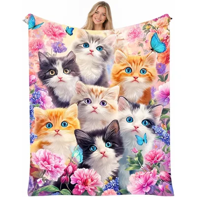 Kittens Among Pink Flowers Blanket: A Floral Cat Throw for Cozy Days