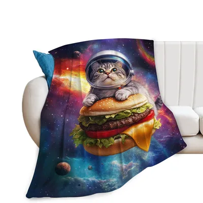 Astronaut Cat Riding Space Blanket: Cosmic Burger Adventure