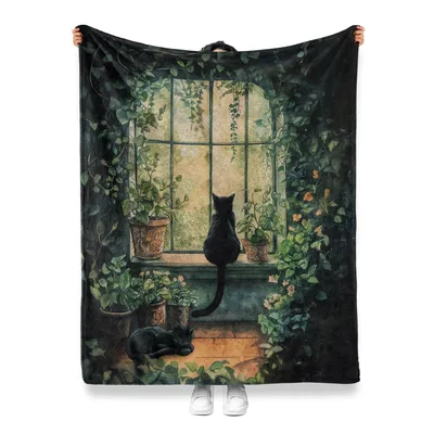 Black Cat in Window Blanket: A Feline Garden Scene
