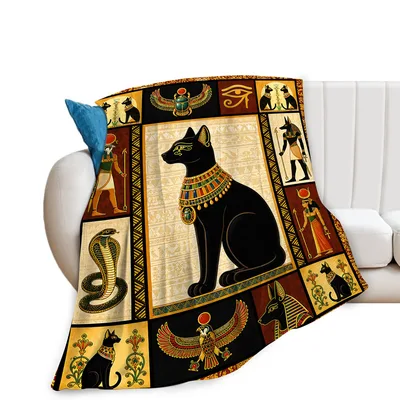 Ancient Egyptian Cat Art Blanket: Black Feline with Hieroglyphs
