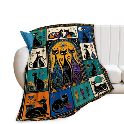 Black Cats Boho Celestial Blanket: Mystical Feline Art for Your Sofa