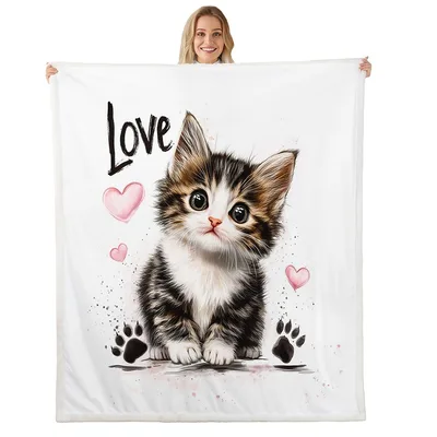 Cute Kitten with Love Blanket: Adorable Tabby and Hearts Design