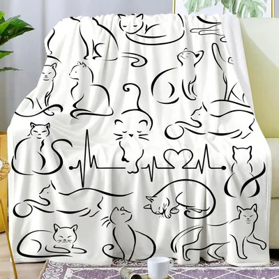 Cat Line Art Pattern Blanket: Minimalist Feline Heartbeat Design