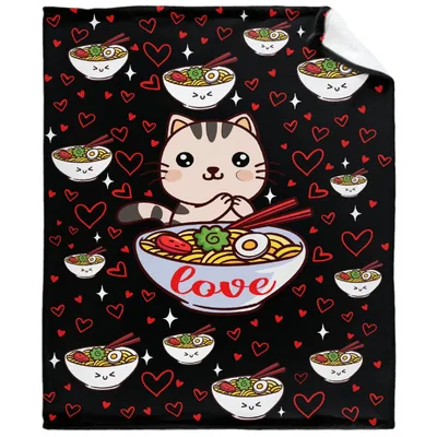 Kawaii Ramen Cat Hearts Blanket: Cute Feline Noodle Lover Design