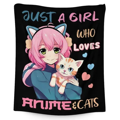 Anime Girl Loves Cats Blanket for Anime and Cat Enthusiasts