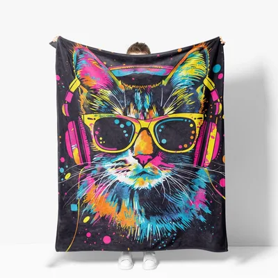 Neon Cat with Sunglasses Blanket: Cool Feline Art Design