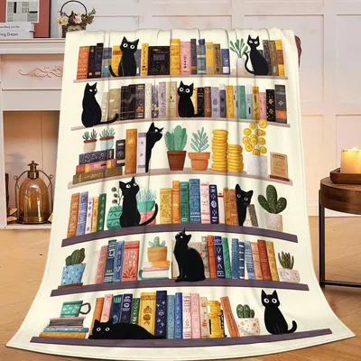Black Cats on Bookshelf Blanket: Cozy Feline Library Design