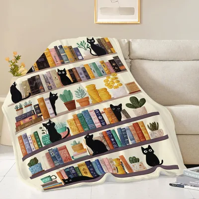 Black Cats on Bookshelf Blanket: Cozy Feline Library Design – Design 2