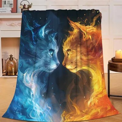 Ice and Fire Cat Blanket: Fantasy Feline Art Design