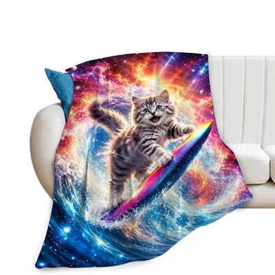 Cat Surfing Through Galaxy Blanket: Cosmic Feline Adventure