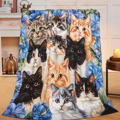 Cats Collage with Blue Blanket: A Floral Feline Portrait Design