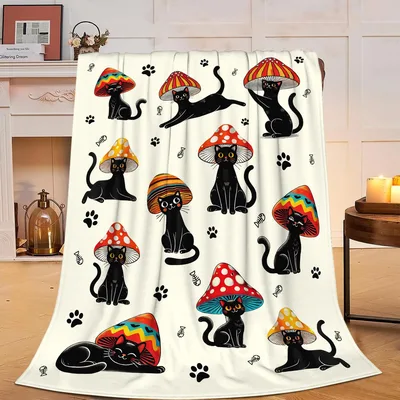 Black Cats and Mushrooms Blanket: Whimsical Feline Fun