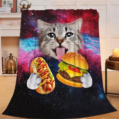 Galaxy Cat Eating Hot Blanket: Space Feline with Burger and Dog