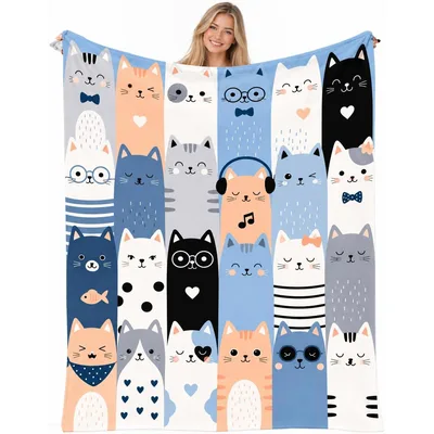 Cute Cats Vertical Stripes Blanket featuring a grid of cartoon felines