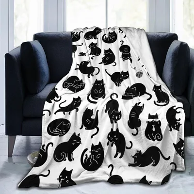 Black Cats Pattern Blanket: Playful Silhouettes on White