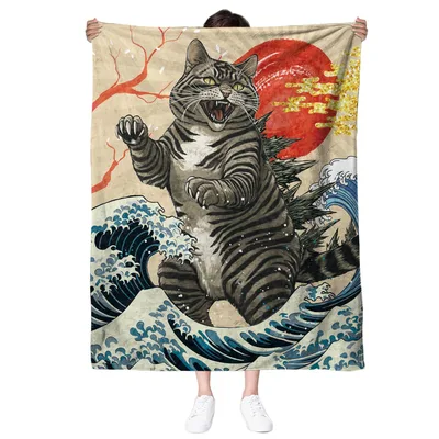 Cat Riding Japanese Wave Blanket: Fierce Tabby on Classic Art