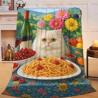White Cat with Spaghetti Blanket: A Fluffy Feline at a Vintage Feast