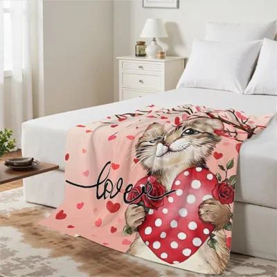 Cat Holding Red Heart Blanket: Feline Love with Polka Dots and Roses