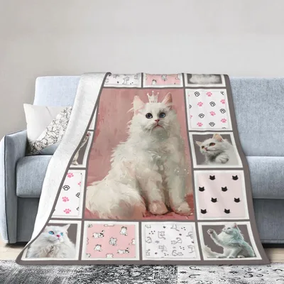 White Cat Patchwork Photo Blanket: A Regal Feline Collage