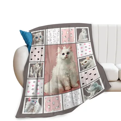 White Cat Photo Collage Blanket: Fluffy Feline Art Design