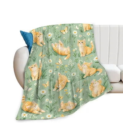 Cute Kittens Floral Meadow Blanket: Playful Ginger Cats in a Garden