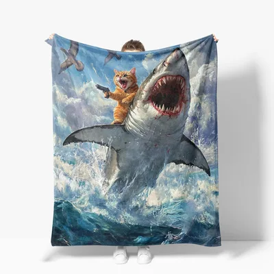 Cat Riding a Shark Blanket: Fierce Orange Tabby on a Great White