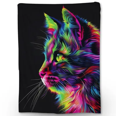 Neon Rainbow Cat Profile Blanket: Vibrant Feline Art for Your Space