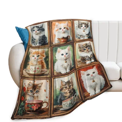 Cats in Teacups Collage Blanket: Vintage Feline Art for Your Sofa