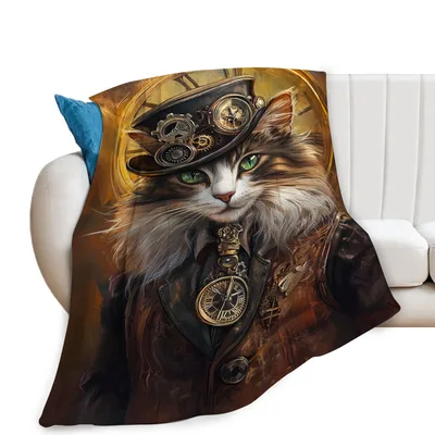 Steampunk Cat with Top Blanket: Gears and Top Hat Feline Art