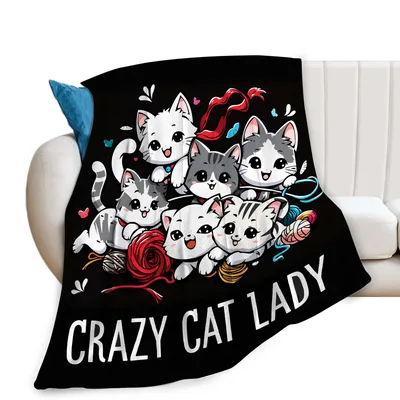 Crazy Cat Lady Cartoon Blanket: Feline Friends and Yarn Design